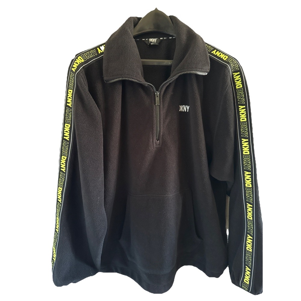 DKNY Black 1/4 Zip-Up Fleece Pull Over Neon Highlights Embroidered Logo‎ Size 1X